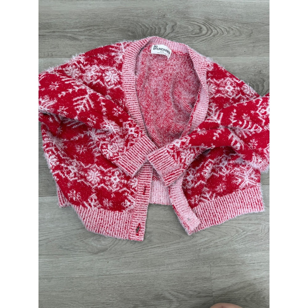 No Boundaries Red Pink Snowflake Eyelash Knit Cardigan Sweater XL Holiday Fuzzy